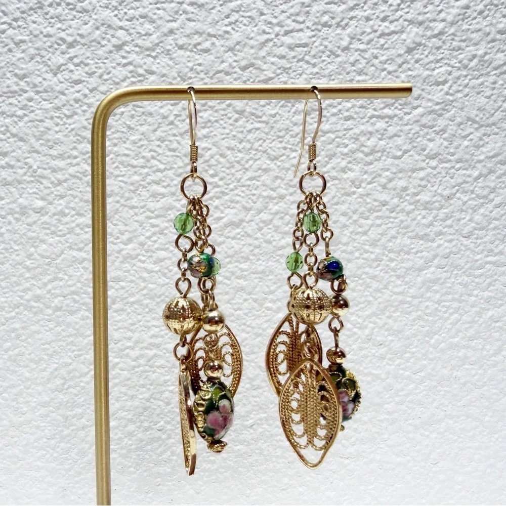 Gold Tone Cloisonne Bead Leaf Hook Dangle Earrings